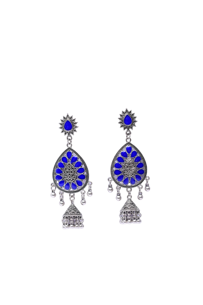 Namokriti Stunning Silver -Plated Jhumka Earrings: Blue Floral Enamel with a Unique Sun-Shaped Stud